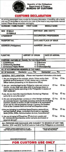 Customs Declaration PH Philippines Information
